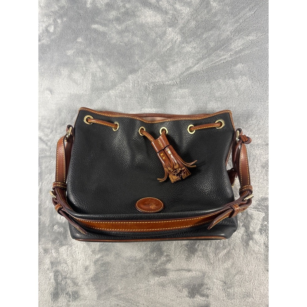 Dooney & Bourke Vintage Black Pebbled Leather Drawstring Bucket Bag Tan Trim